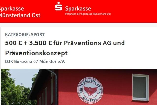 Logo der DJK Borussia 07 M&uuml;nster e.V. und Informationen zu F&ouml;rdergeldern f&uuml;r Pr&auml;ventionsprojekte auf rotem Hintergrund.