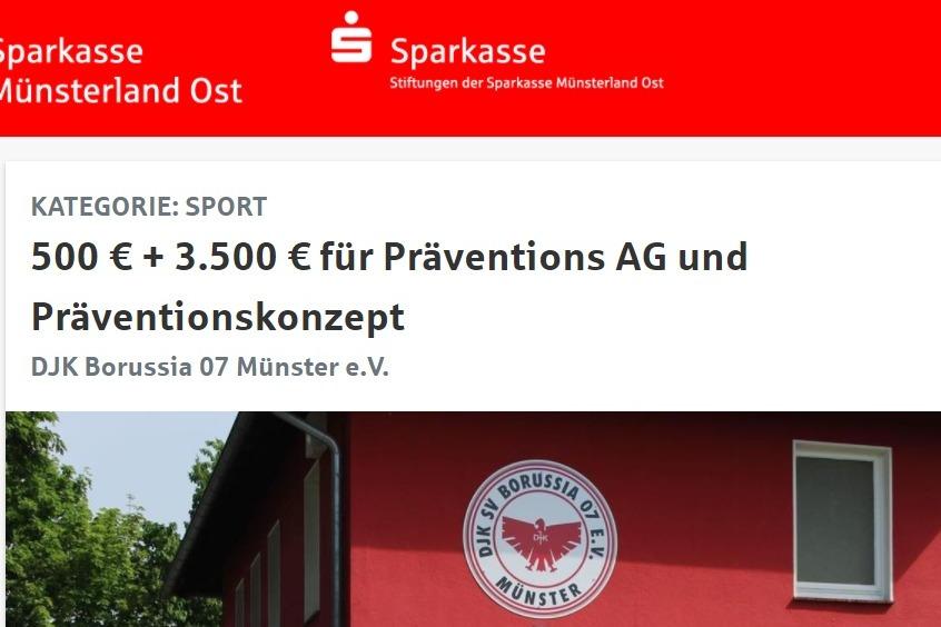 Logo der DJK Borussia 07 M&uuml;nster e.V. und Informationen zu F&ouml;rdergeldern f&uuml;r Pr&auml;ventionsprojekte auf rotem Hintergrund.