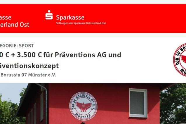 Logo der DJK Borussia 07 M&uuml;nster e.V. und Informationen zu F&ouml;rdergeldern f&uuml;r Pr&auml;ventionsprojekte auf rotem Hintergrund.