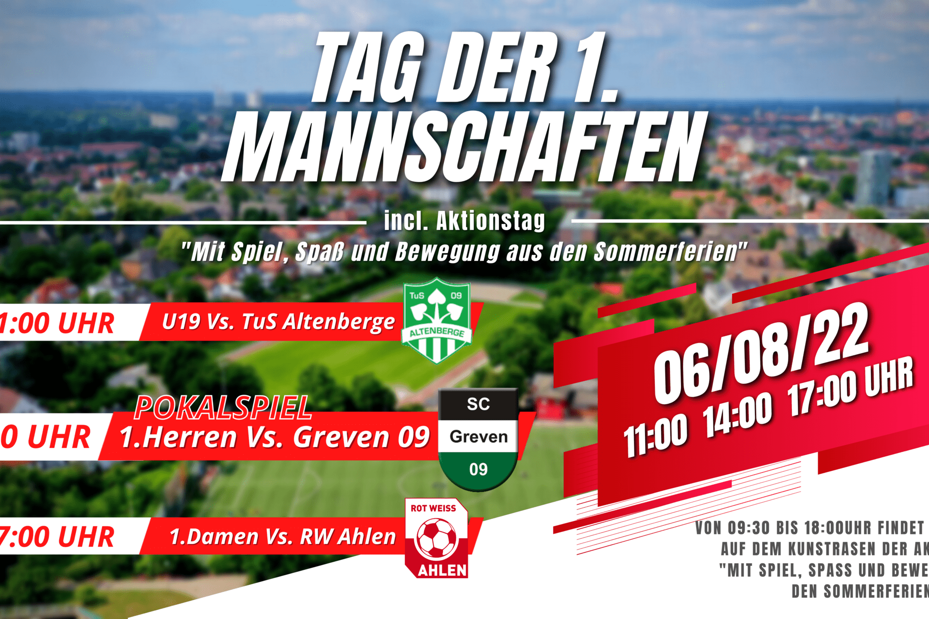 Plakat für den „Tag der 1. Mannschaften“ mit Zeitplan für Spiele am 06.08.22 und Informationen zu Aktionen.