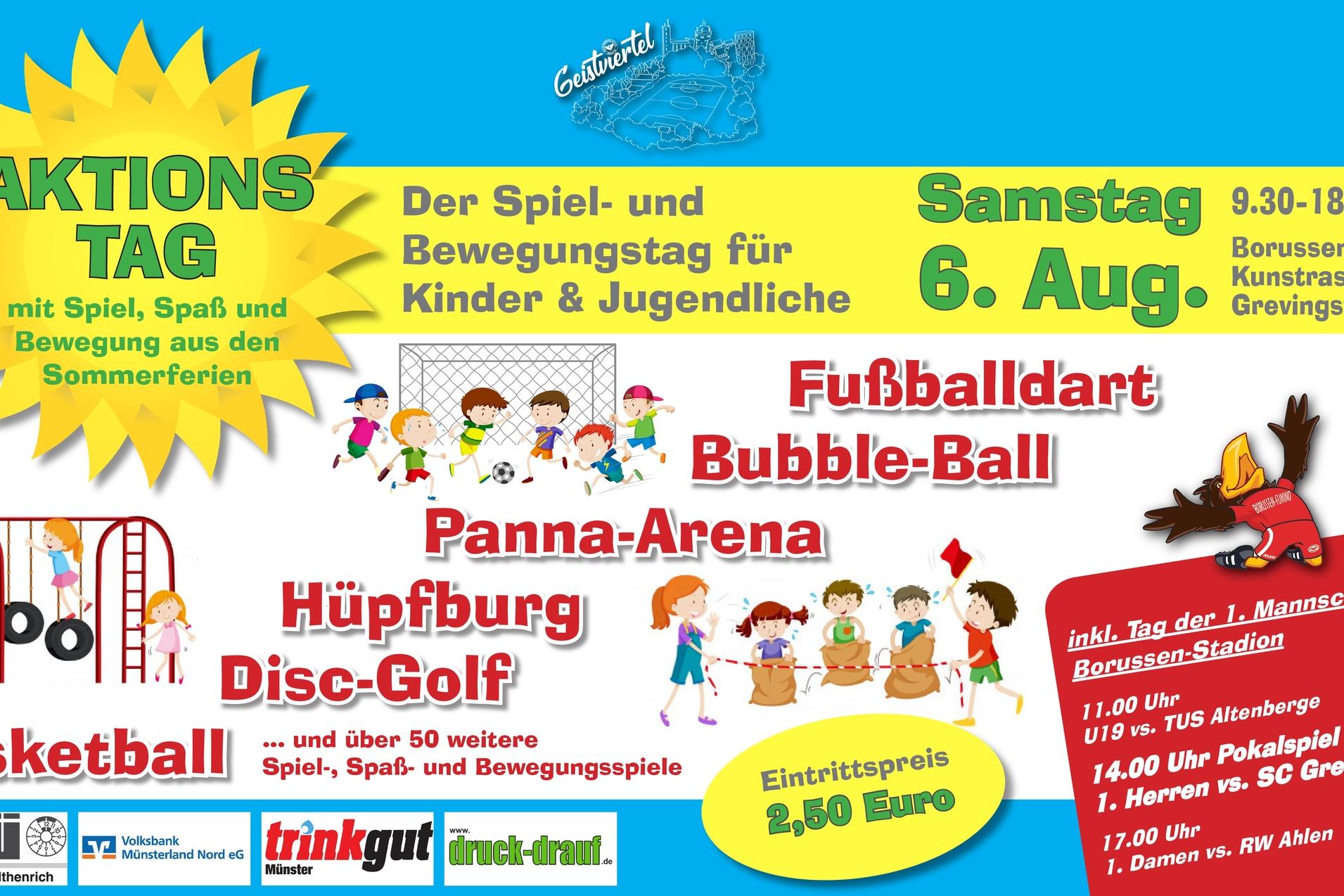 Buntes Veranstaltungsplakat f&uuml;r einen Aktionstag mit Sport- und Spielangeboten f&uuml;r Kinder am 6. August.