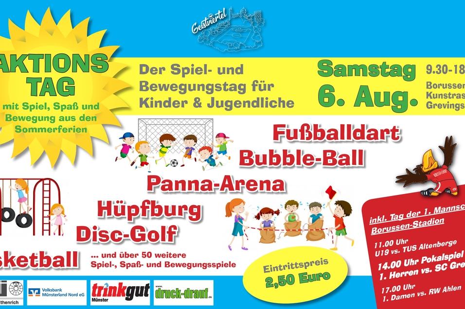 Buntes Veranstaltungsplakat f&uuml;r einen Aktionstag mit Sport- und Spielangeboten f&uuml;r Kinder am 6. August.