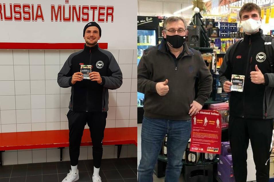 Zwei M&auml;nner mit Getr&auml;nken stehen in einem Gesch&auml;ft und in einem Sportverein; beide zeigen Daumen hoch.