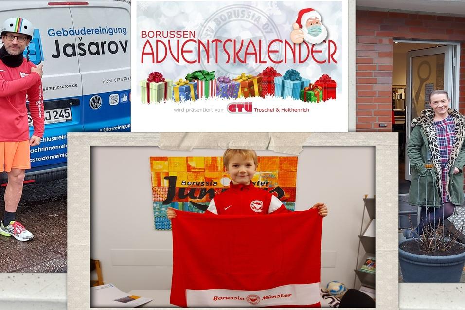 Collage aus drei Bildern: ein Mann im roten Outfit, ein Junge mit einem roten F&auml;hnchen und eine Frau vor einer T&uuml;r.