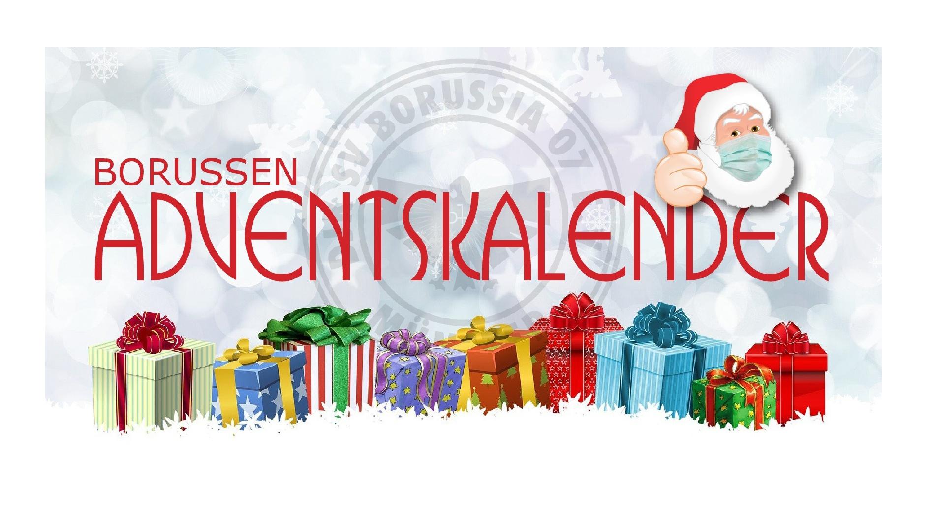 Banner mit dem Text &bdquo;Borussen Adventskalender&ldquo; und mehreren bunten Geschenken, im Hintergrund eine verschwommene Schneelandschaft.