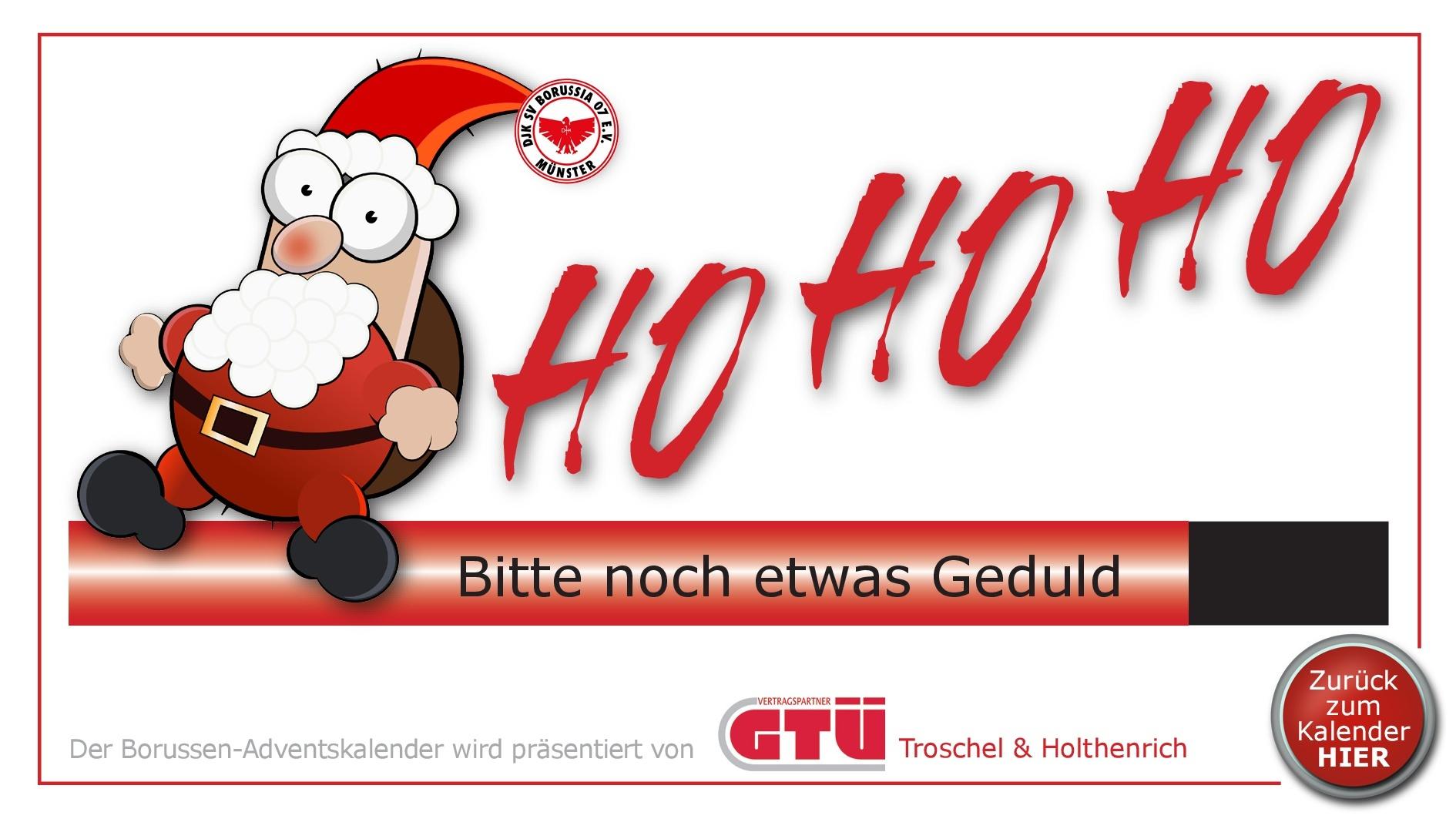 Weihnachtsmann mit rotem Hut und wei&szlig;em Bart, daneben der Text &bdquo;HO HO HO&ldquo; und &bdquo;Bitte noch etwas Geduld&ldquo; auf festlichem Hintergrund.