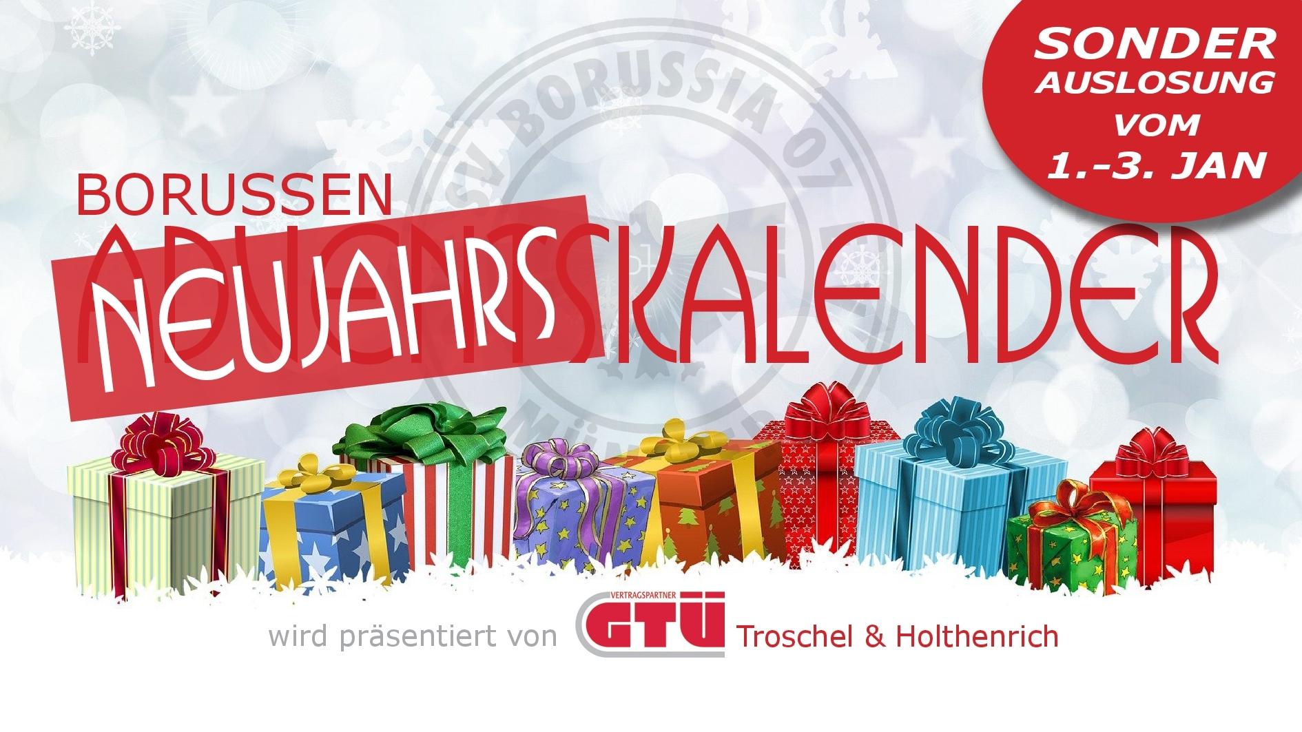 Banner mit dem Text „Borussen Neujahrskalender“ und bunten Geschenken, Ankündigung einer Sonderauslosung vom 1. bis 3. Januar.