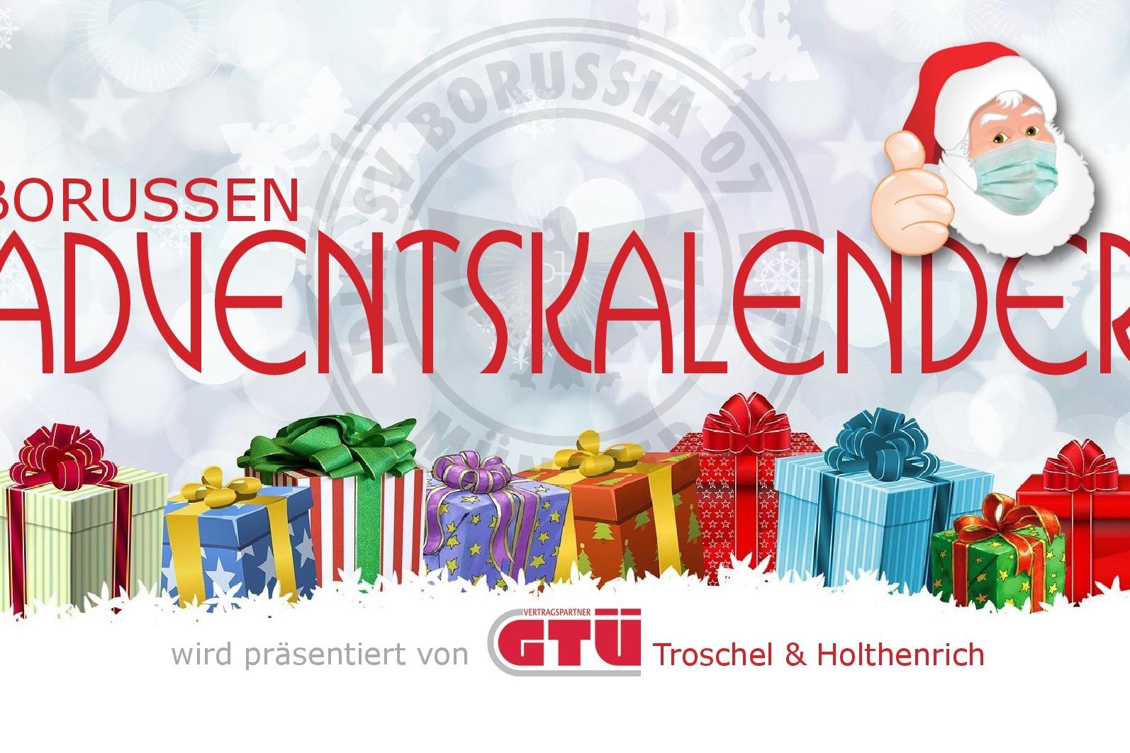 Grafik eines Weihnachtskalenders mit Geschenken, einem Weihnachtsmann mit Maske und dem Text "Borussen Adventskalender".