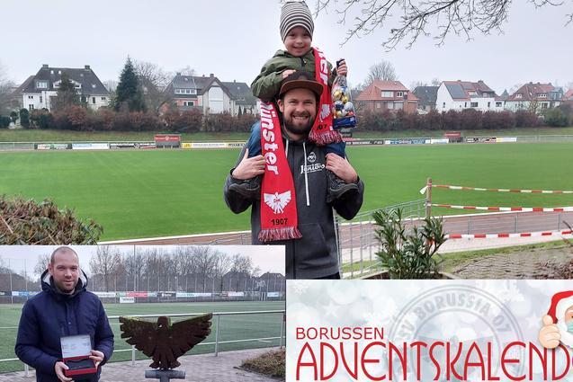 Mann mit Kind auf dem Arm, beide mit Schal, stehen vor einem Fu&szlig;ballplatz. Unten rechts Pr&auml;sentation des &bdquo;Borussen Adventskalenders&ldquo;.