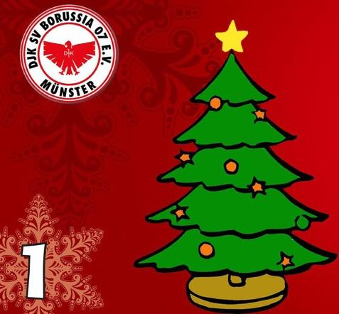 Weihnachtsbaum mit bunten Kugeln und Stern auf rotem Hintergrund, im oberen Ecken das Logo eines Sportvereins.