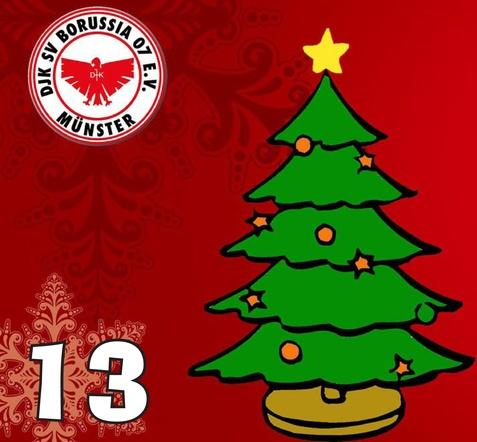 Illustration eines Weihnachtsbaums mit Stern und Ornamenten auf rotem Hintergrund, darunter die Zahl 13 und ein Logo.