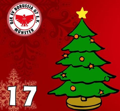 Weihnachtsbaum mit Stern und Blüten auf rotem Hintergrund, nummeriert mit 17 und dem Logo eines Vereins oben links.