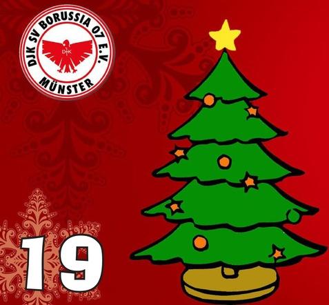 Weihnachtsbaum mit Stern und Ornamenten auf rotem Hintergrund, nummeriert mit 19, und Vereinslogo oben links.