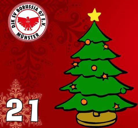 Grafik eines stilisierten Weihnachtsbaums mit Stern und Ornamenten auf rotem Hintergrund, umrahmt von einer Vereinslogo und der Zahl 21.
