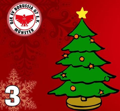 Bunter Weihnachtsbaum mit Stern und Ornamenten auf rotem Hintergrund, daneben das Logo eines Fußballvereins und die Zahl 3.