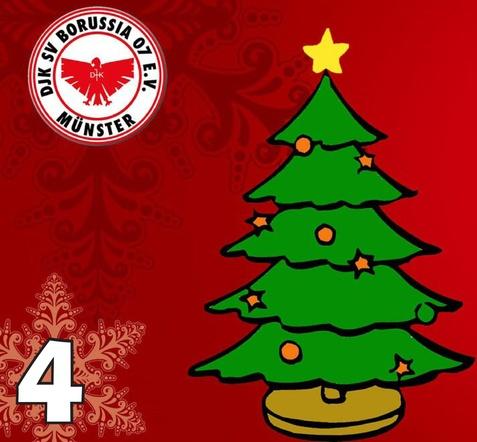 Weihnachtsbaum mit gelben Stern und orangen Ornamenten auf rotem Hintergrund, daneben das Logo des DJK SV Borussia O7 e.V. Münster.