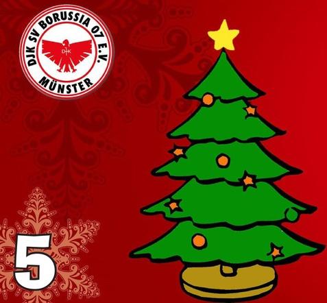 Bunter Weihnachtsbaum mit Stern und Kugeln auf rotem Hintergrund, daneben das Logo eines Sportvereins und die Zahl 5.