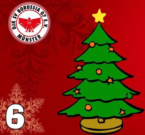 Weihnachtsbaum mit Stern und Ornamenten auf rotem Hintergrund, umrahmt von einem Logo und der Zahl 6.
