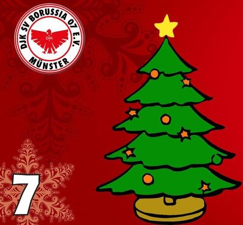 Weihnachtsbaum mit Stern und bunten Ornamenten vor rotem Hintergrund, mit dem Logo eines Sportvereins oben links.