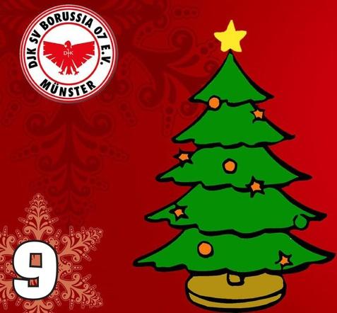 Weihnachtlicher Tannenbaum mit Stern und Ornamenten auf rotem Hintergrund, Logo eines Vereins oben links.