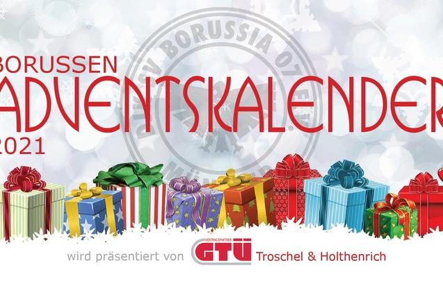 Titelbild f&uuml;r den Borussen Adventskalender 2021 mit bunten Geschenken und einer Weihnachtsmannfigur.