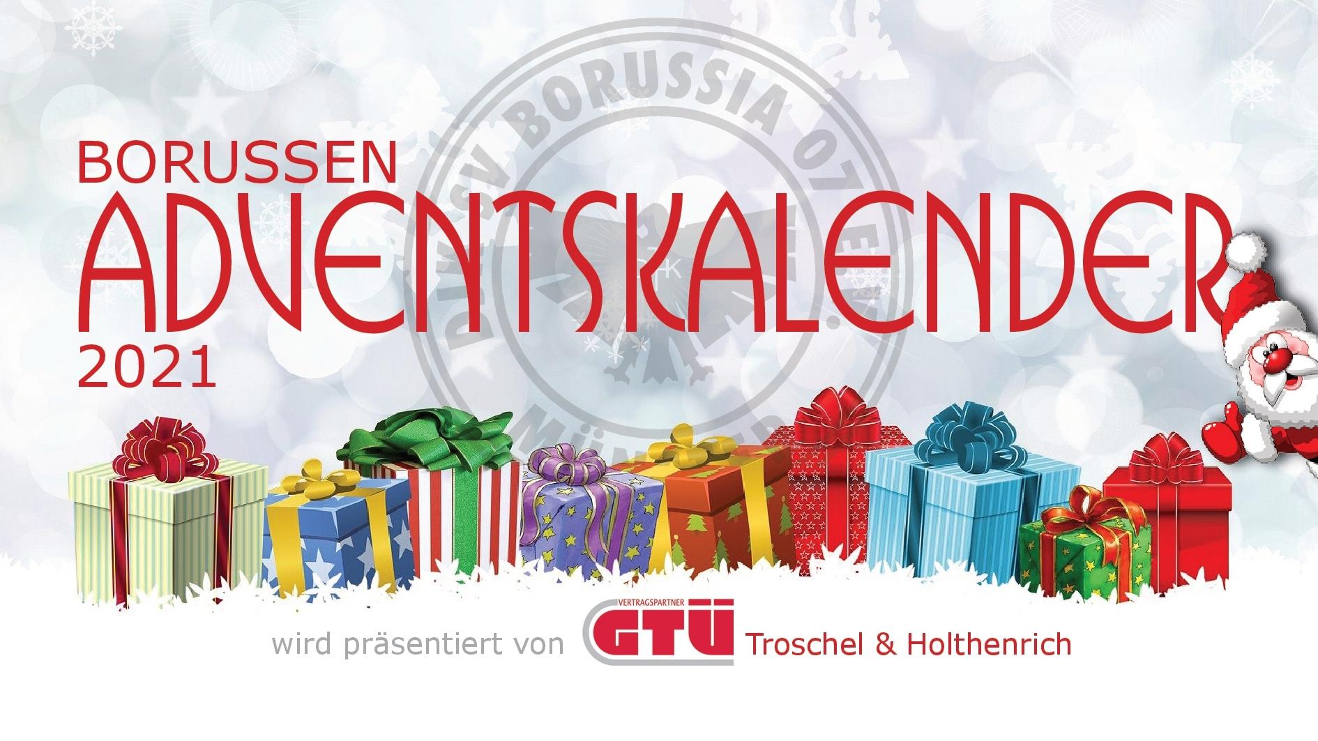Titelbild für den Borussen Adventskalender 2021 mit bunten Geschenken und einer Weihnachtsmannfigur.
