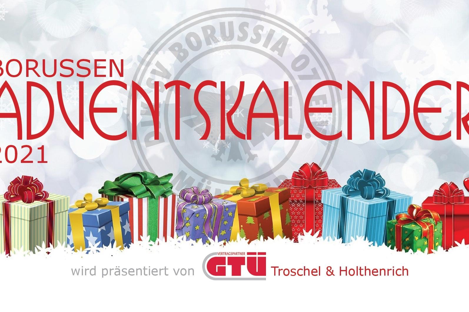 Titelbild f&uuml;r den Borussen Adventskalender 2021 mit bunten Geschenken und einer Weihnachtsmannfigur.