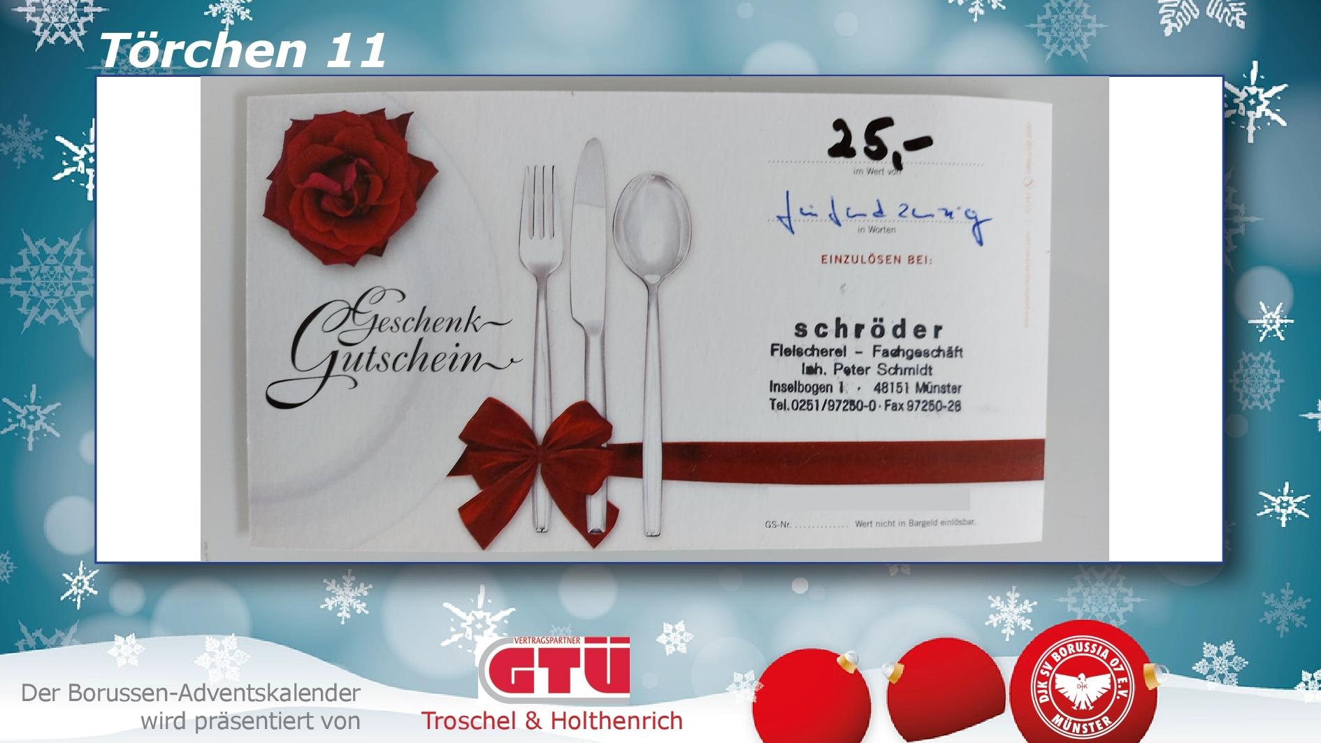 Geschenkgutschein mit roter Rose, Besteck und handschriftlicher Notiz über 25 Euro von der Fleischerei Schröder.