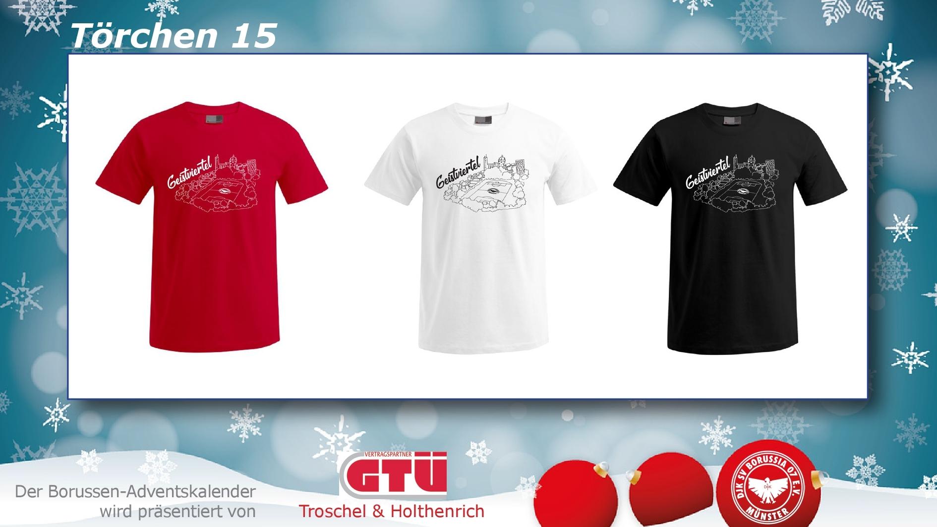 Drei T-Shirts in rot, weiß und schwarz mit grafischem Design auf einer schneebedeckten Fläche präsentiert.