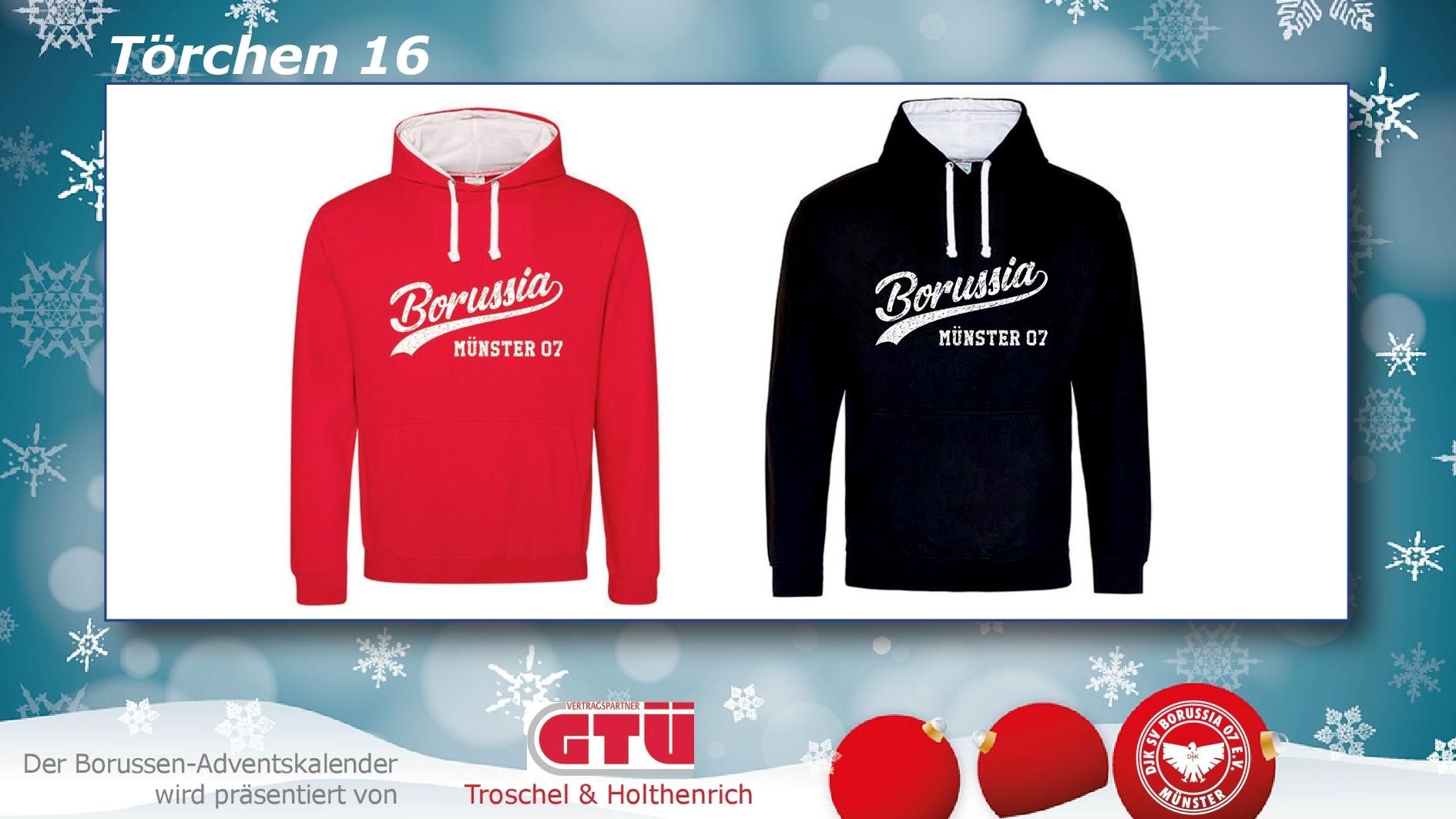 Zwei Kapuzenpullover in Rot und Schwarz mit dem Aufdruck „Borussia Münster 07“ auf einem dekorativen Hintergrund.