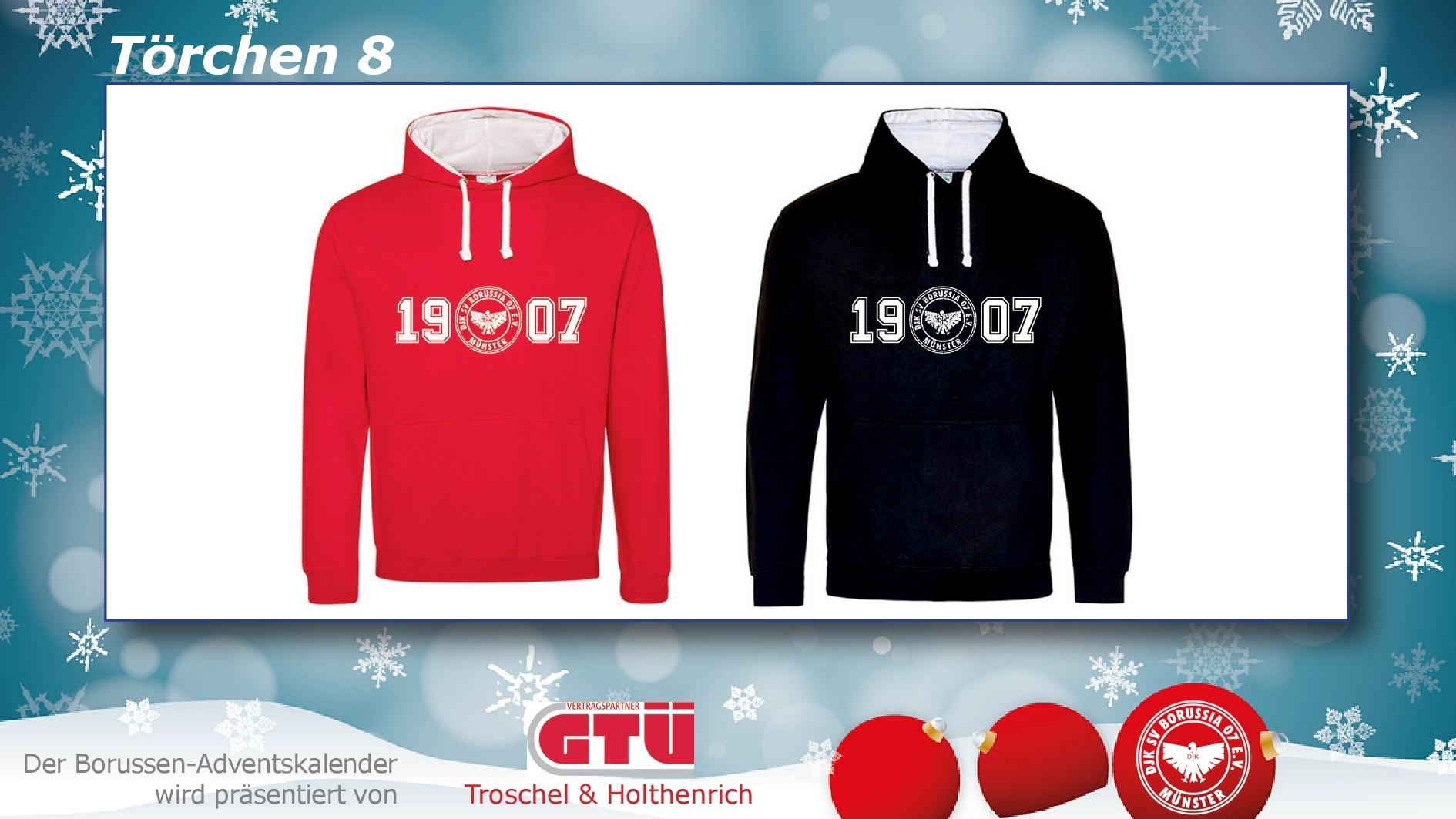 Zwei Kapuzenpullis in Rot und Schwarz mit der Zahl „1907“ auf einem festlichen Hintergrund.