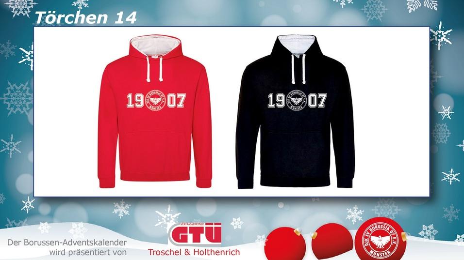 Zwei Kapuzenpullis in Rot und Schwarz mit der Aufschrift "1907" auf einer weißen Fläche mit Schneeflocken.
