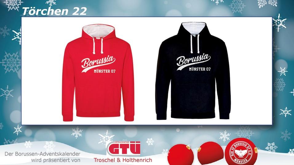 Zwei Kapuzenpullis in Rot und Schwarz mit dem Schriftzug „Borussia Münster 07“ auf einem hellen Hintergrund.
