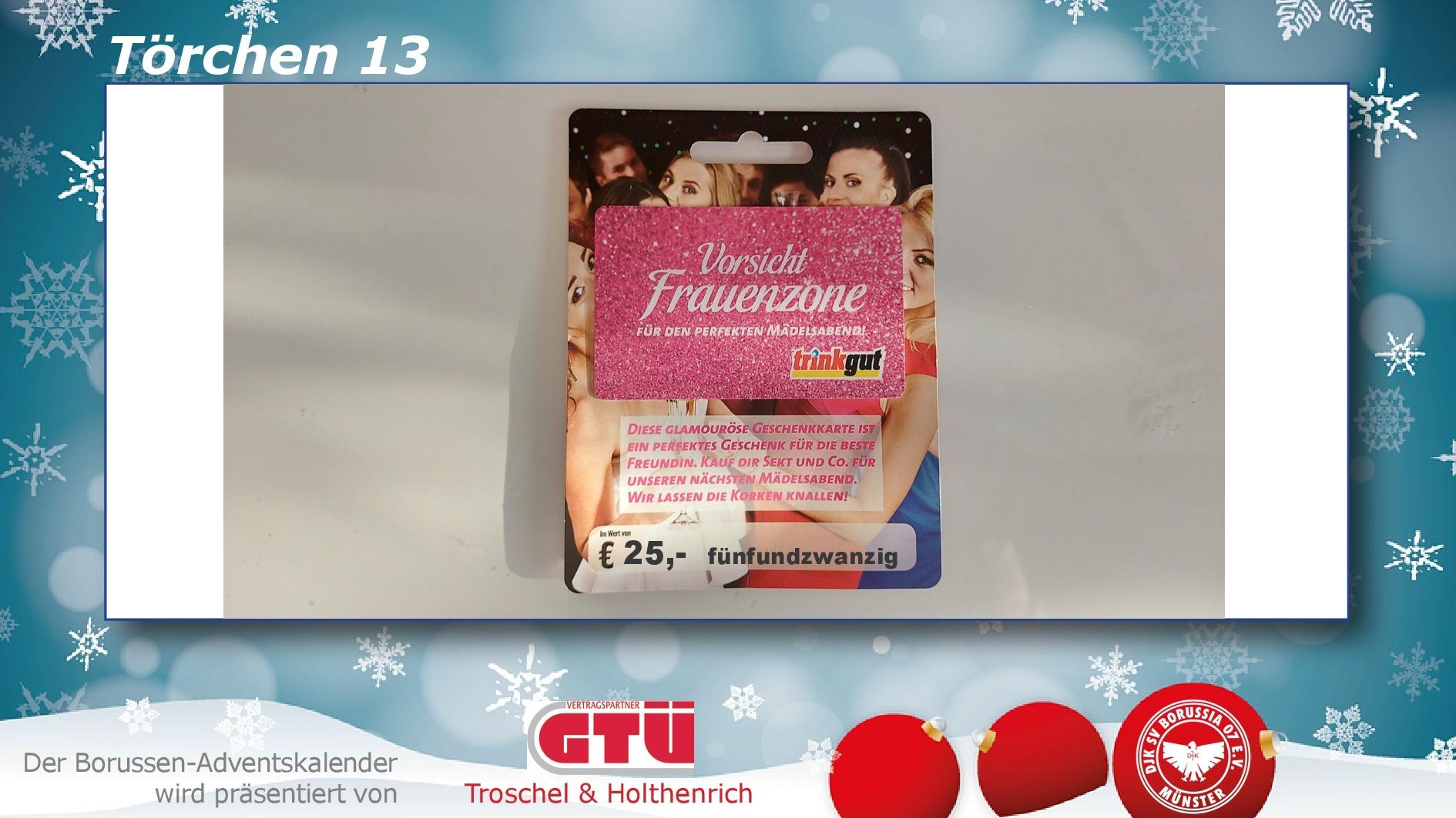 Karte mit der Aufschrift „Wünsche Frauenzone“ und Preisangabe von 25 Euro auf weißem Hintergrund.