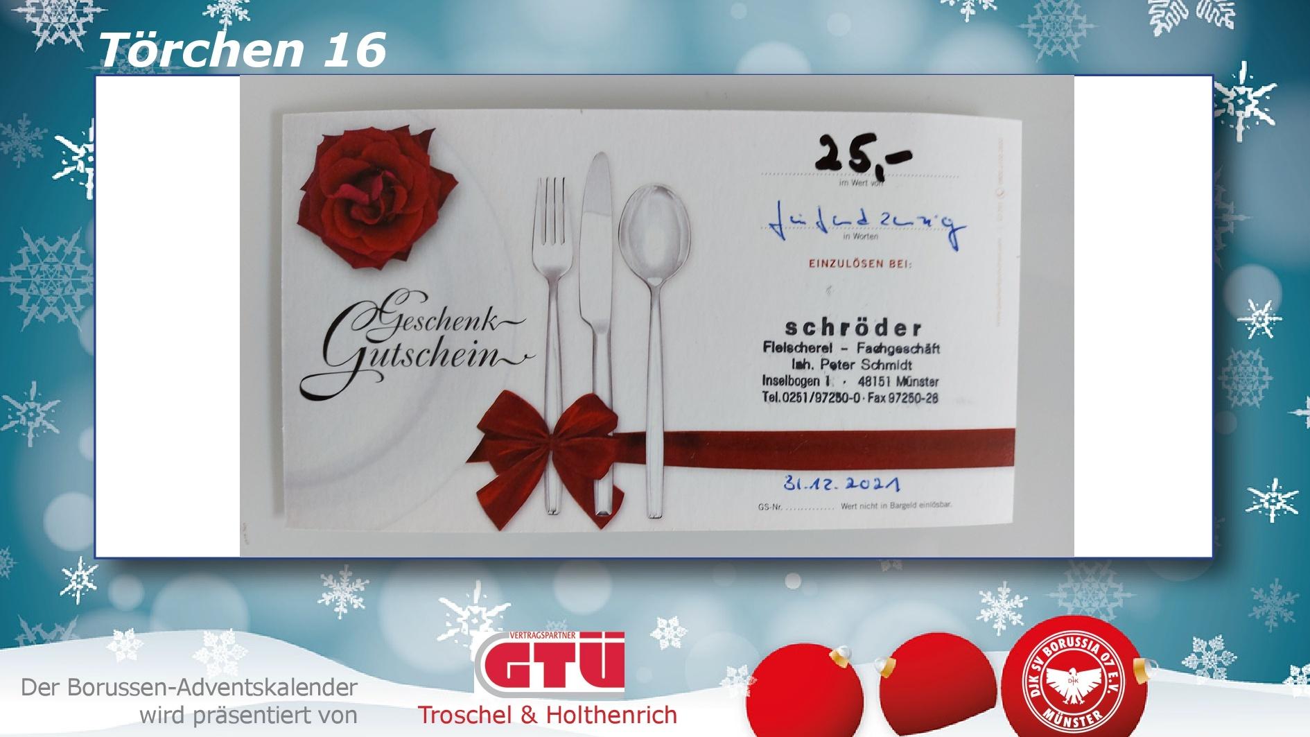 Geschenkgutschein mit roter Rose, Besteck und rotem Band, ausgestellt von Schlachterei Schr&ouml;der, datiert 3. Dezember 2019.