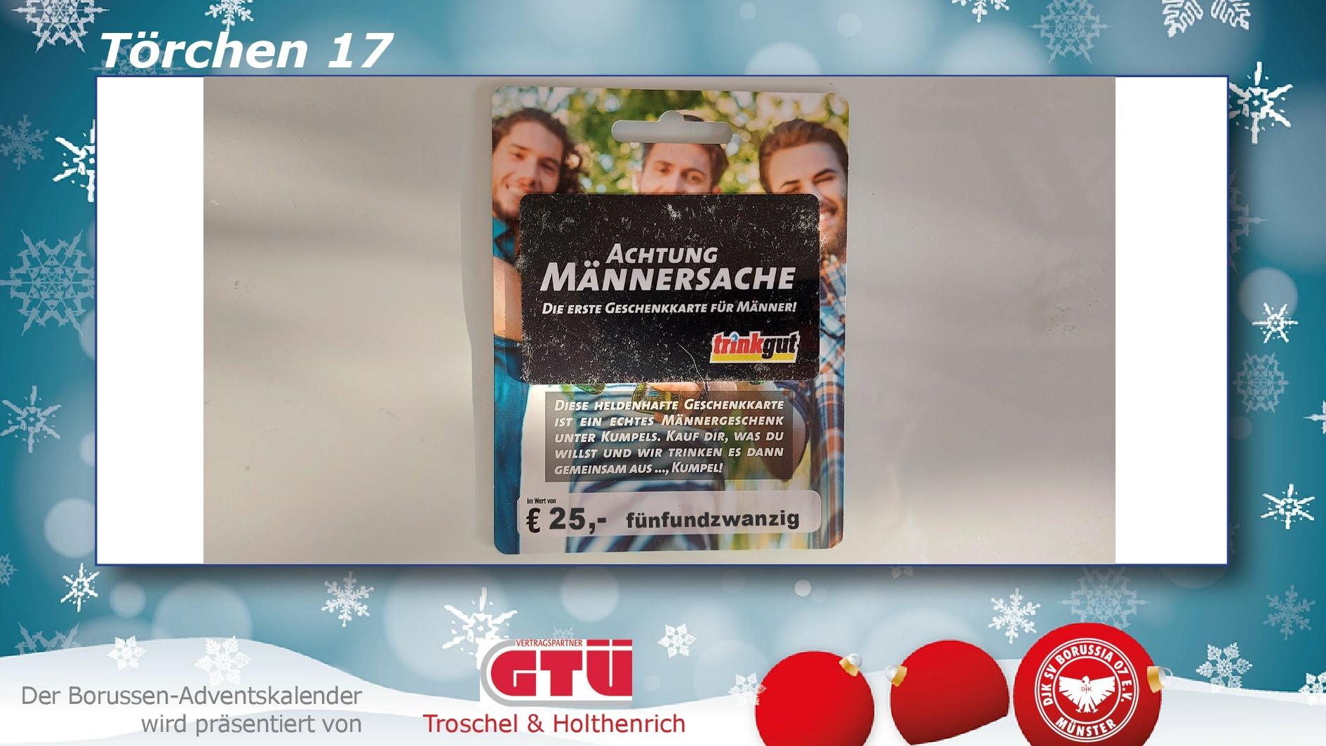 Werbung für ein Männergeschenk mit dem Titel "Achtung Männersache" und drei lächelnden Männern im Hintergrund.