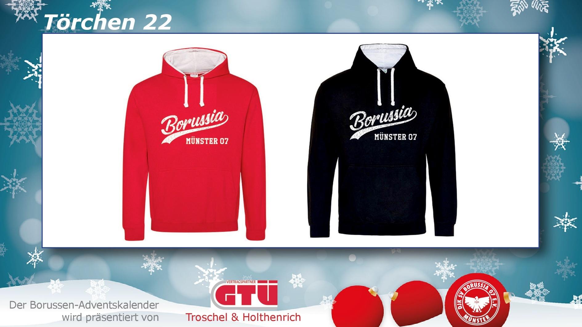 Zwei Kapuzenpullis in Rot und Schwarz mit dem Schriftzug „Borussia Münster 07“ auf einem hellen Hintergrund.