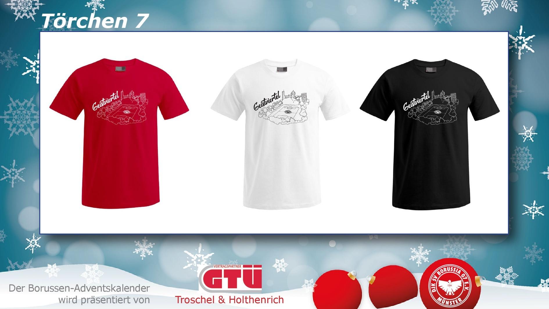 Drei T-Shirts in Rot, Wei&szlig; und Schwarz, jeweils mit grafischem Design, auf einem farbigen Hintergrund.