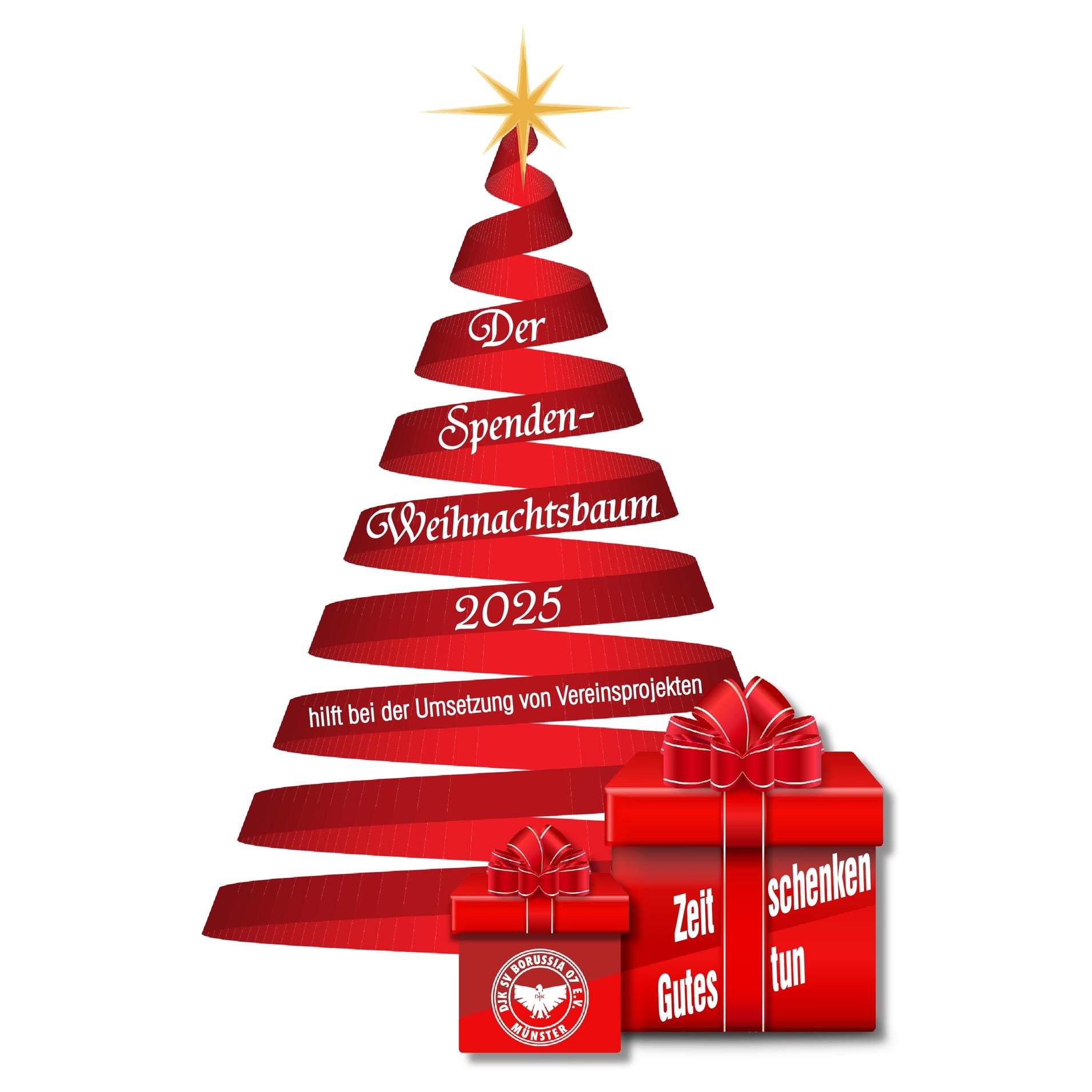 Weihnachtsbaum aus roten Bändern mit goldener Spitze, umgeben von Geschenken, fördert Spenden für Vereinsprojekte 2025.