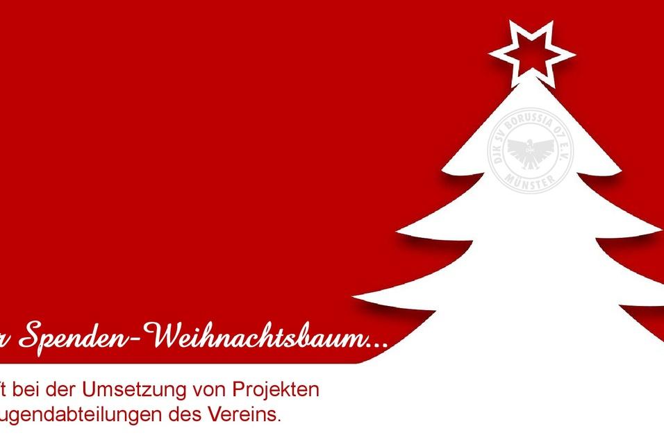 Weihnachtsbaum-Silhouette auf rotem Hintergrund mit Text &uuml;ber den Spenden-Weihnachtsbaum f&uuml;r Jugendprojekte.