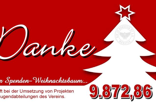 Rote Hintergrundgrafik mit einem Weihnachtsbaum, der den Dank f&uuml;r 9.872,86 &euro; f&uuml;r Vereinsprojekte zeigt.
