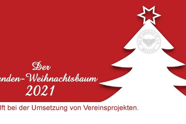 Weihnachtlicher Hintergrund in Rot mit wei&szlig;em Weihnachtsbaum und Text &uuml;ber den Spenden-Weihnachtsbaum 2021.