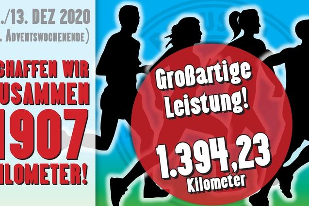 Grafische Ank&uuml;ndigung eines Lauf-Events mit Daten, Distanz und motivierendem Text auf buntem Hintergrund.