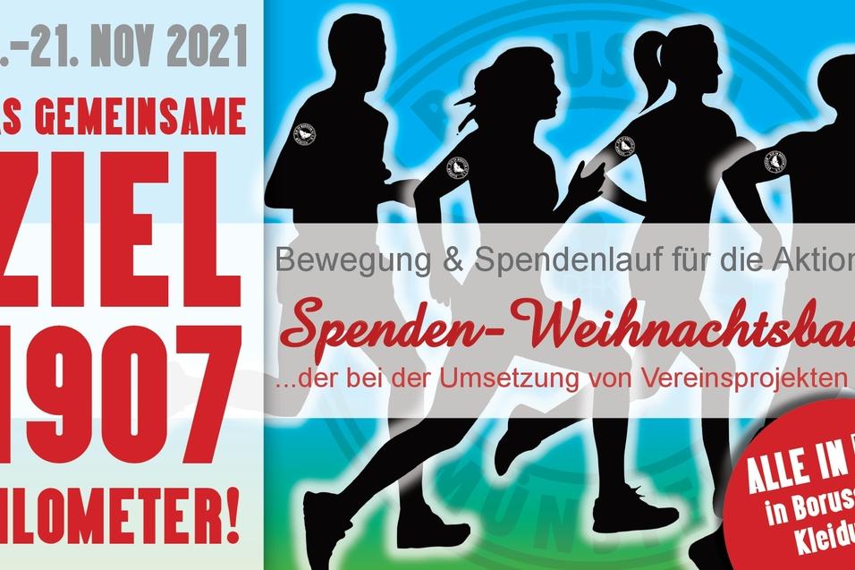 Grafik f&uuml;r Spendenlauf, zeigt stilisierte L&auml;ufer in Bewegung, Datum und Info zu Vereinsprojekten mit "Ziel 1907 Kilometer".