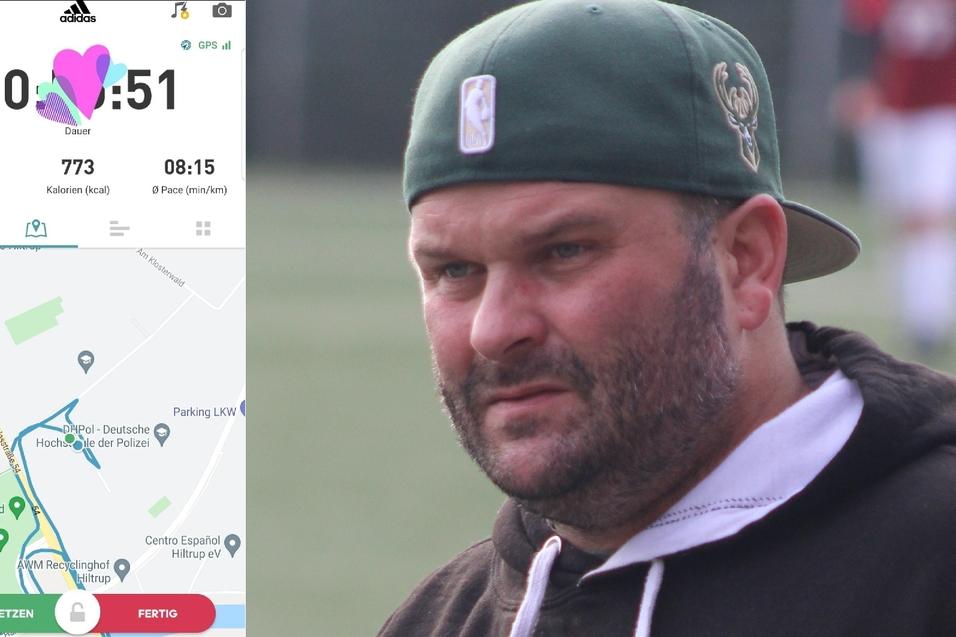 Ein Mann mit Baseballcap schaut konzentriert, w&auml;hrend eine Fitness-App mit Zeit und Distanz auf dem Bildschirm angezeigt wird.