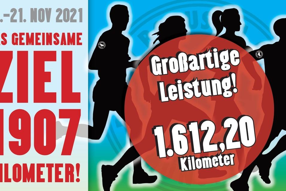 Grafik mit Laufenden Figuren, Text &uuml;ber ein gemeinsames Ziel von 1.907 Kilometern und einer Gesamtleistung von 1.612,20 Kilometern.