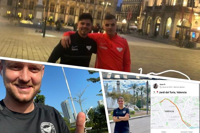 Zwei M&auml;nner posieren in Sportbekleidung vor einem beleuchteten Platz, umgeben von Geb&auml;uden; Screenshots zeigen einen Lauf und eine Karte.