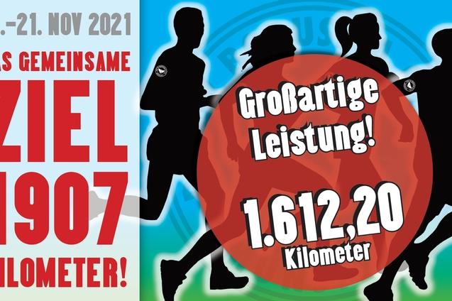 Grafik mit Laufenden Figuren, Text &uuml;ber ein gemeinsames Ziel von 1.907 Kilometern und einer Gesamtleistung von 1.612,20 Kilometern.