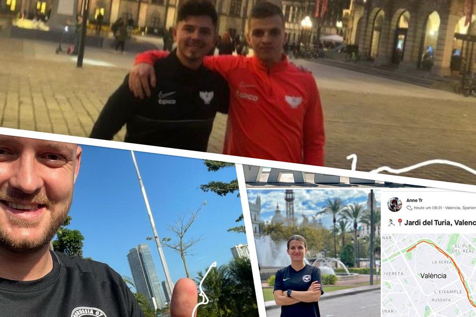 Zwei M&auml;nner posieren in Sportbekleidung vor einem beleuchteten Platz, umgeben von Geb&auml;uden; Screenshots zeigen einen Lauf und eine Karte.