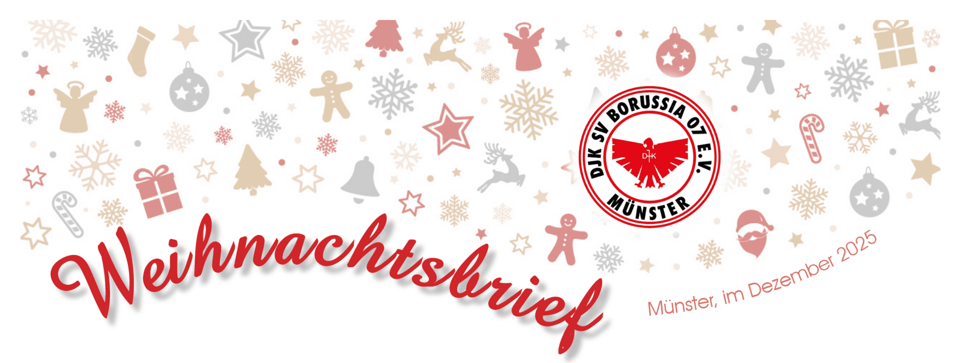 Dekorative Weihnachtsbrief Vorlage mit festlichen Motiven und Logo von Borussia M&uuml;nster, Dezember 2023.